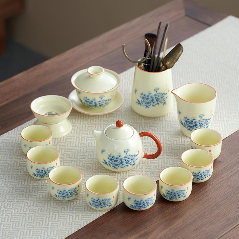 Light luxury travel tea set Huang Ru kiln peony set Kung Fu teapot