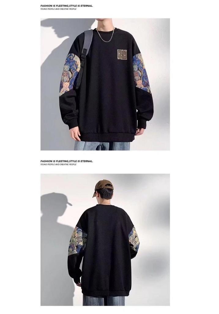 Men's Plus Size Embroidered Patchwork Sweatshirt - Loose Fit, Round Neck, Spring/Autumn Trend.