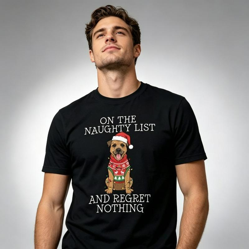 Christmas Dog Print Unisex Tshirt On The Naughty List And Regret Nothing Graphic Tee Casual Short Sleeve Shirt For Holiday Wear