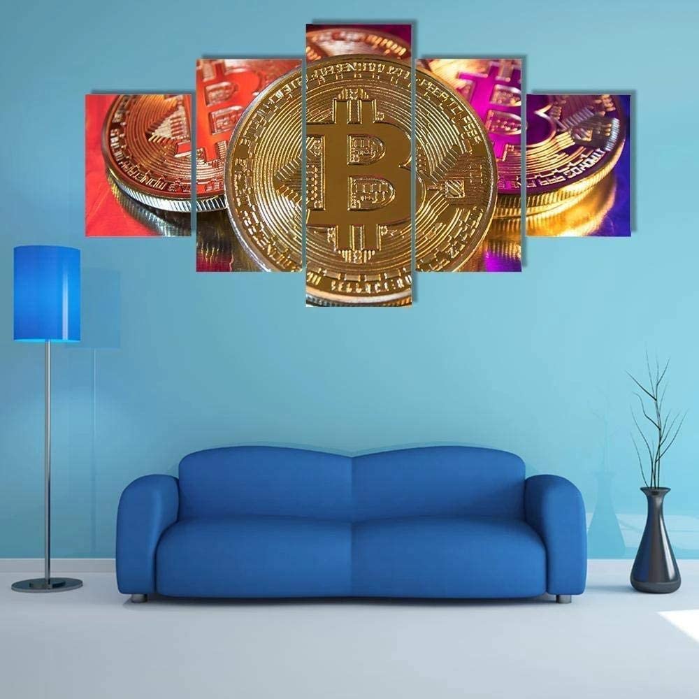 Silberne und goldene Bitcoins Krypto BTC 5 Stück HD Wandkunst Leinwand Poster Malerei für Wohnzimmer Heimdekoration Bild Dekorationen