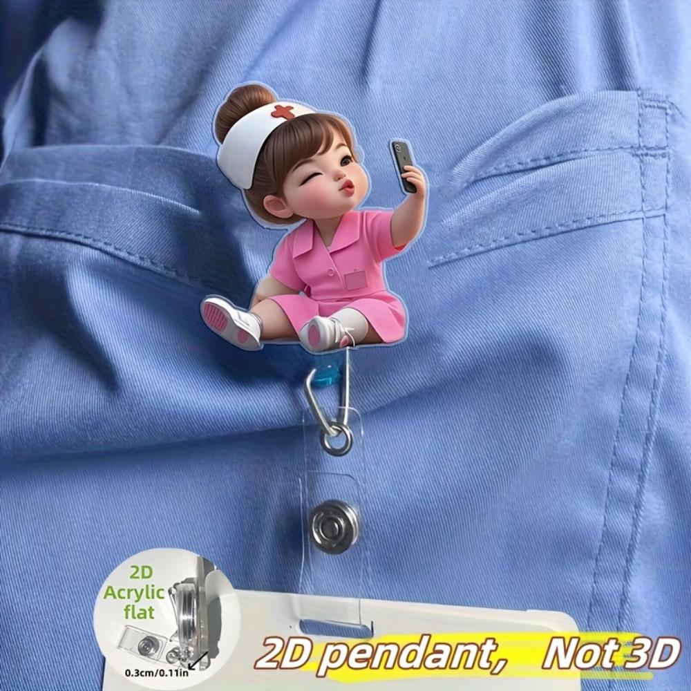2D Flat Acrylic Cartoon Nurse & Doctor Card Holder, Retractable Badge Reel, Hospital ID Badge & Chest Pin for Doctors & Nurses