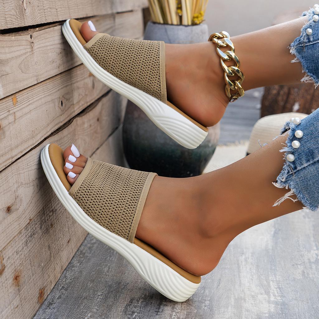 Flat Bottom Slippers Women Summer Round Head Mesh One Word Outer Wear Breathable Casual Sandal Slippers