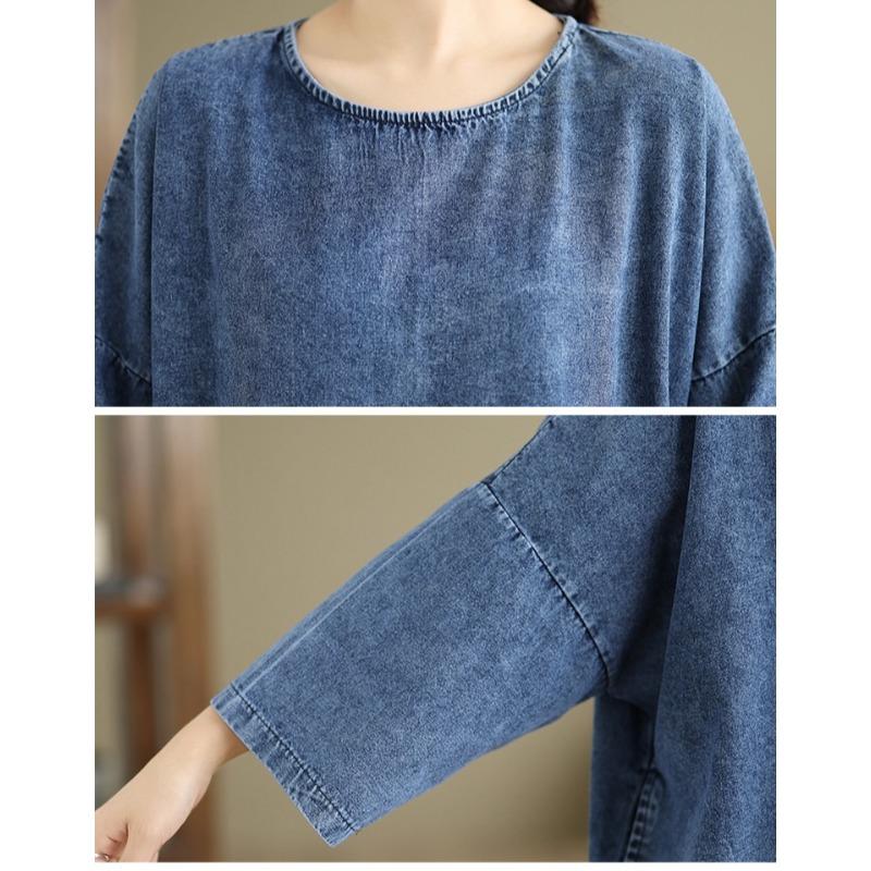 DIMANAF Damen Übergröße Jeanskleid Baumwolle Locker Lässig Basic Kleider Maxi Langes Kleid Vintage Blau
