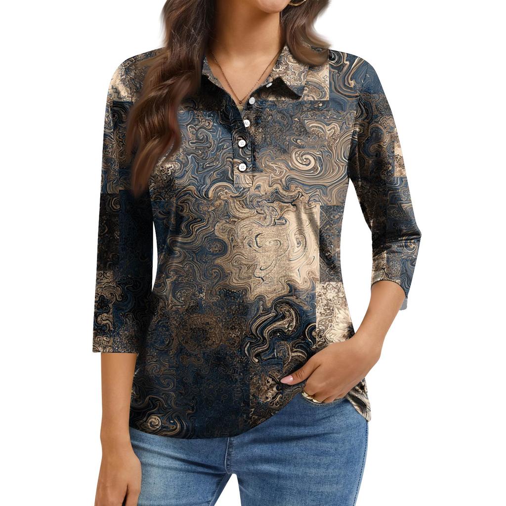 Women's Fashion Casual Lapel Short 3/4 Sleeve Print Shirt Women's Button Up Tops