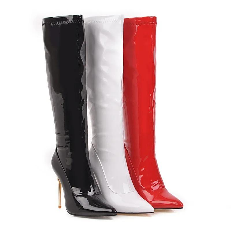 Fashion Women High Boots Sexy Zipper Black Red White Knee High Boot Thin Heels Patent Women's Autumn Winter Dance Shoes Large Size 45 48