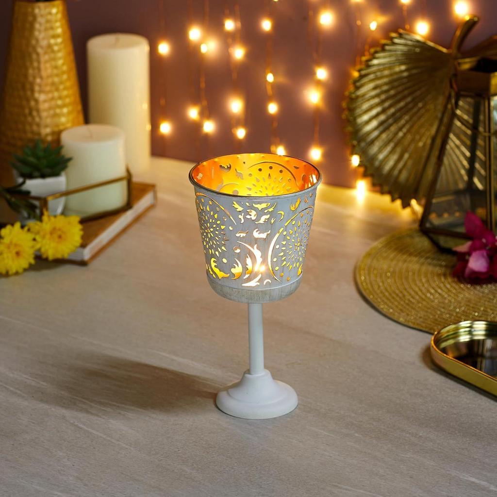 Ornamental Iron Tea Light | Stylish | for Indoors & Outdoors Décor (White with Gold Texture)