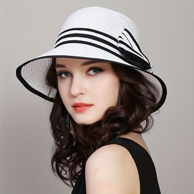 Elegant Stripe Bowknot Solhatt Klassisk UV-beskyttelse med bred kant Stråhatter Sammenleggbar, pustende reisestrandhette for kvinner Sommer utendørs