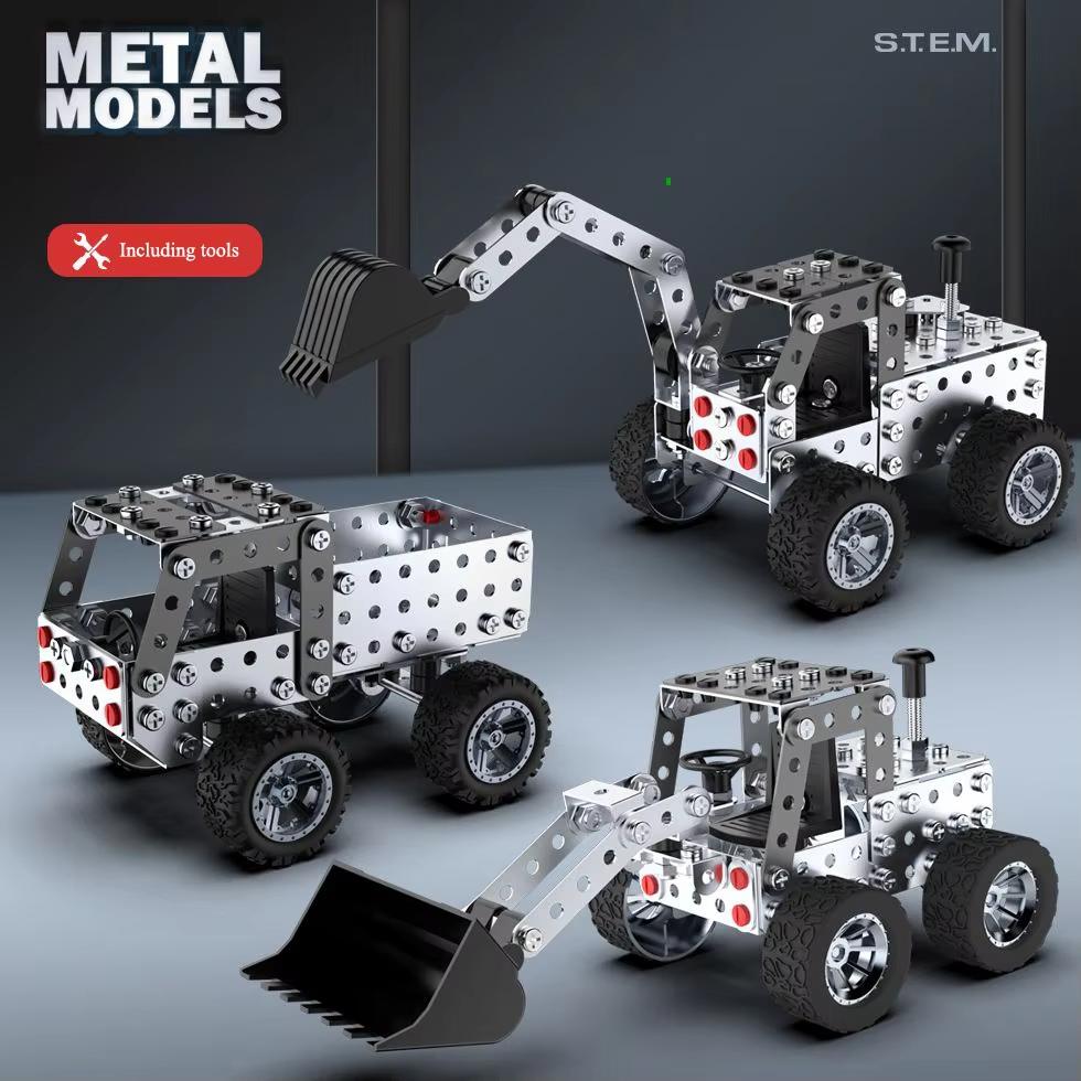 3D Metal Assembly Engineering Vehicle Toy Creative Model Simulation Forklift Dump Truck Screw Nut Building Block Gift for Boys