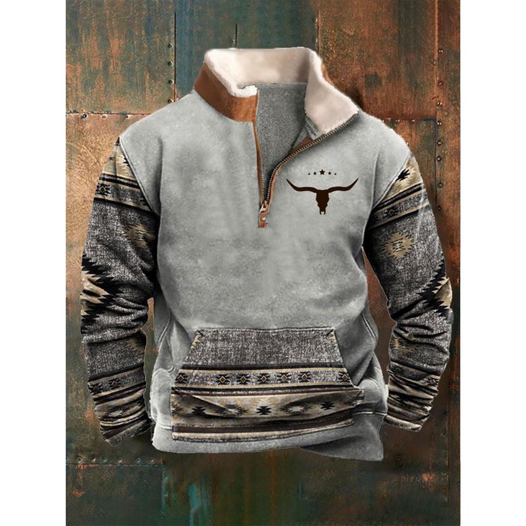 Men's Casual Pullover Jacket Half Zip Fleece Lined Printed Pattern Long Sleeve Outdoor Wear with Kangaroo Pocket and Stand Collar