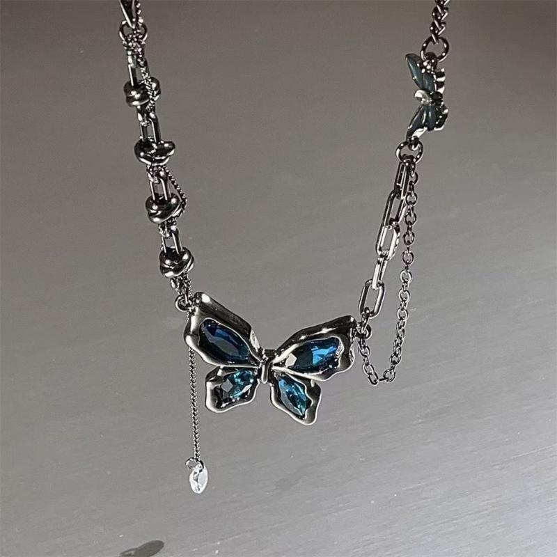 Edgy Blue Butterfly Layering Chain Necklace Artisanal Crafted Punk Accessory Daily Wear Special Occasions