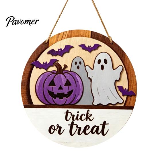 Layered Wood Craft Halloween Round Door Hanger, 3D Pumpkin Ghost Owl Welcome Sign, Solid Plaque Farmhouse Front Wall Hanging Decor for Home