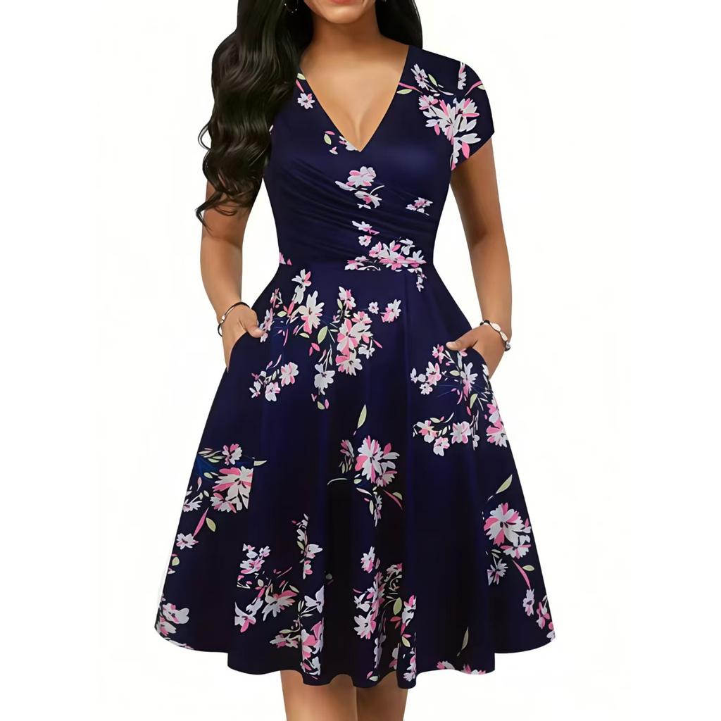 Summer V-neck Pocket Short Sleeve Printed Long Elegant Dress for Women European American Style