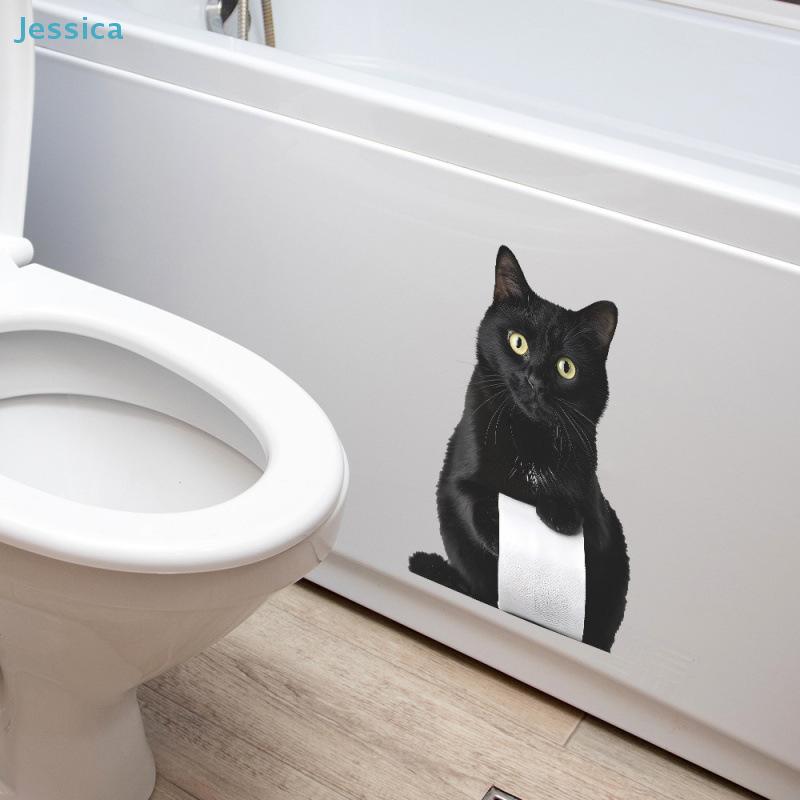 Funny Black Cat Toilet Sticker Humorous Bathroom Decal with Toilet Paper Design Self-Adhesive,