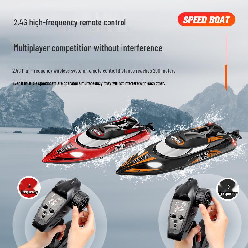 Hongxunjie HJ810B High-Speed Remote Control Speedboat with Anti-Flip, 35KM/h Speed, LED Lights, Large Size, and Long Battery Life.