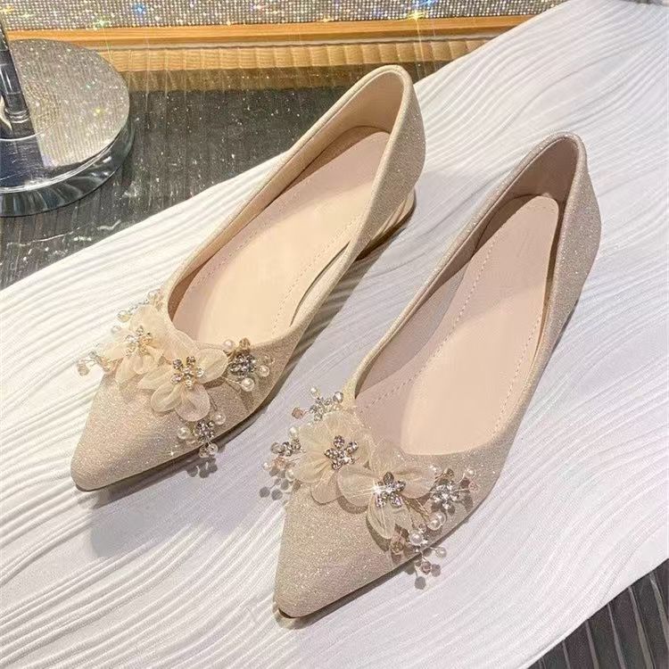 French flower bridesmaids are not tired women's wedding shoes 2025 spring and summer new bridal shoes single shoes pointed single shoes women