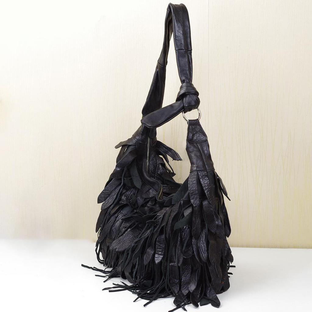 Borsa a Spalla Hobo da Donna in Vera Pelle Nera a Righe con Nappa