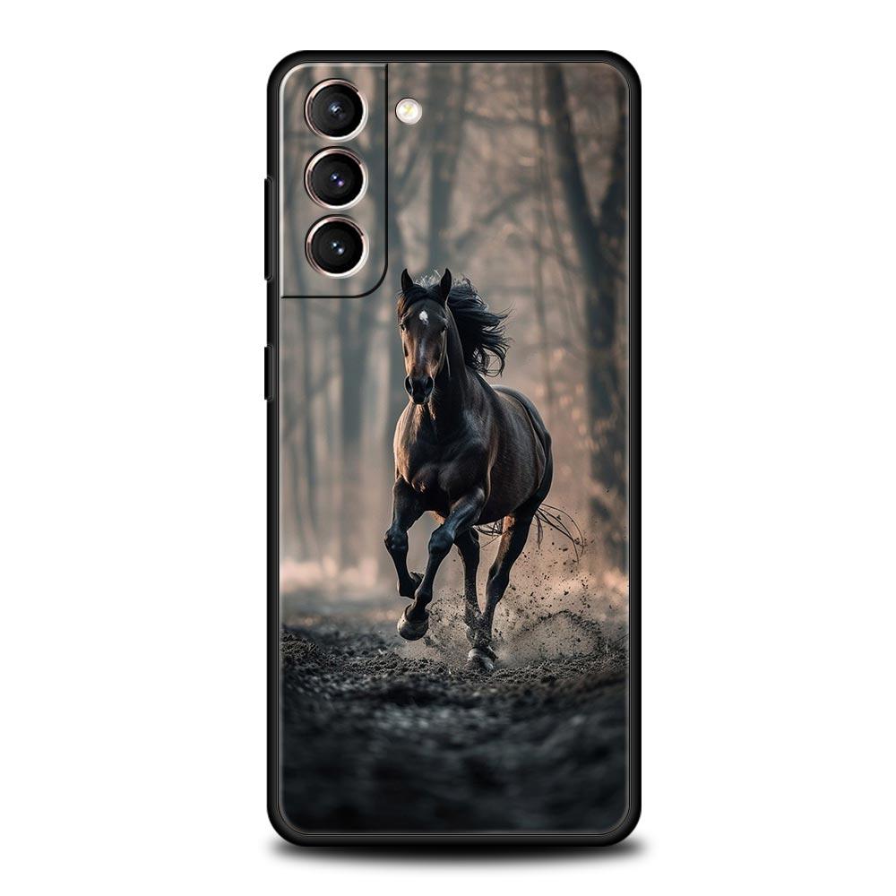 Black White Horses Galloping Phone Case For Samsung Galaxy S26 Ultra S25 Plus S24 FE S23 S22 5G S21 S20 Cover Black Soft
