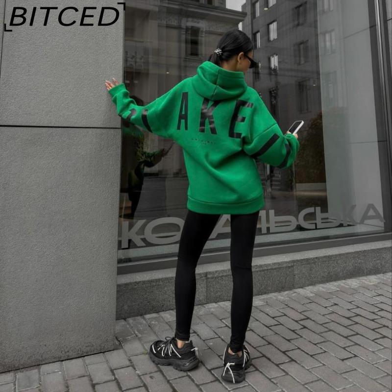 

BITCED Women s Fashion Print Thickened Versatile Long-Sleeve Oversized Hooded Sweatshirt XXL зелёный