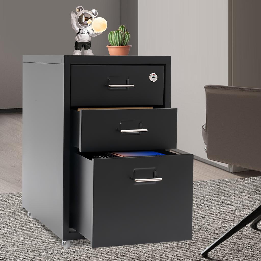 3-Tier Rolling Locking File Cabinet, Mobile Storage Organizer with Wheels for Office, Home Use,Black File Cabinet with Key Lock