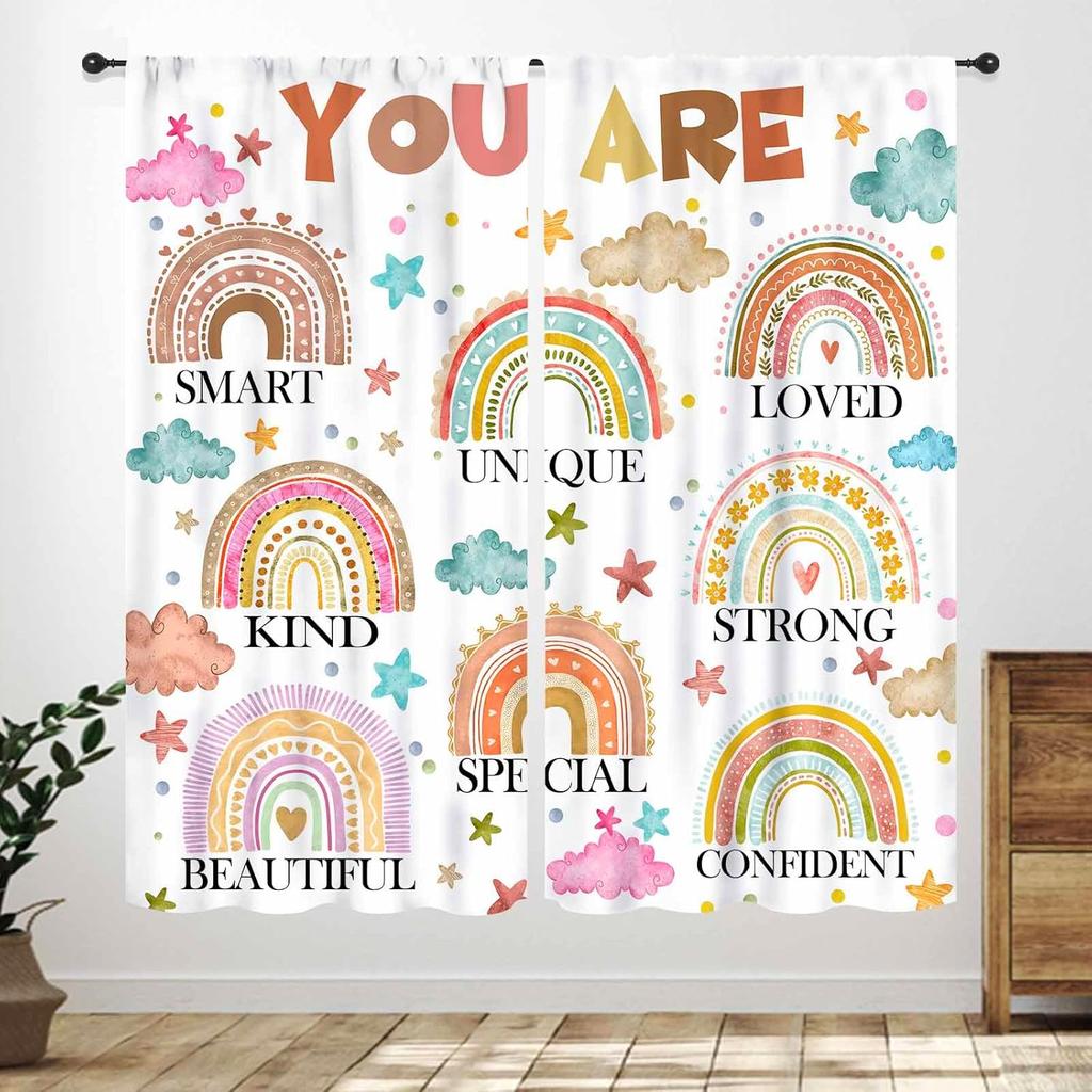 Rainbow Quote Curtains Kids Cartoon Cute Flowers Sun Lovely Inspirational Motivational Words Boys Girls Bedroom Window Polyester Decor Treatment