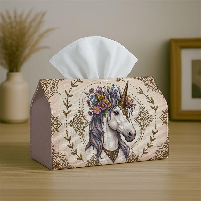 1pc Mystical Unicorn Tissue Holder - Pastel Golden Floral, Sturdy Napkin Organizer for Vehicle, Kitchen, Dining, Home Decoration - Ornamental Tabletop