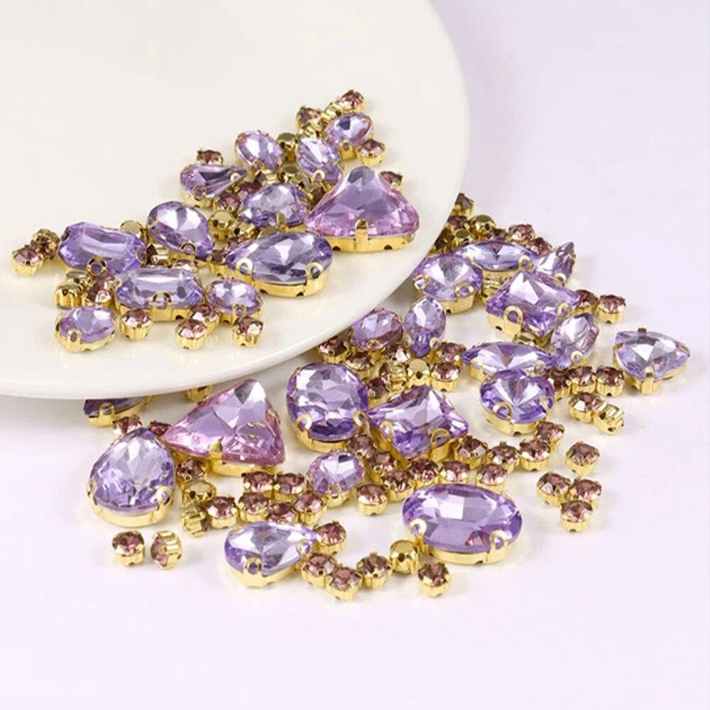 Sew On Rhinestones, Choupee 130PCS Sew On Glass Rhinestone Metal Back Prong Setting Sewing Claw Rhinestone Mixed Shapes
