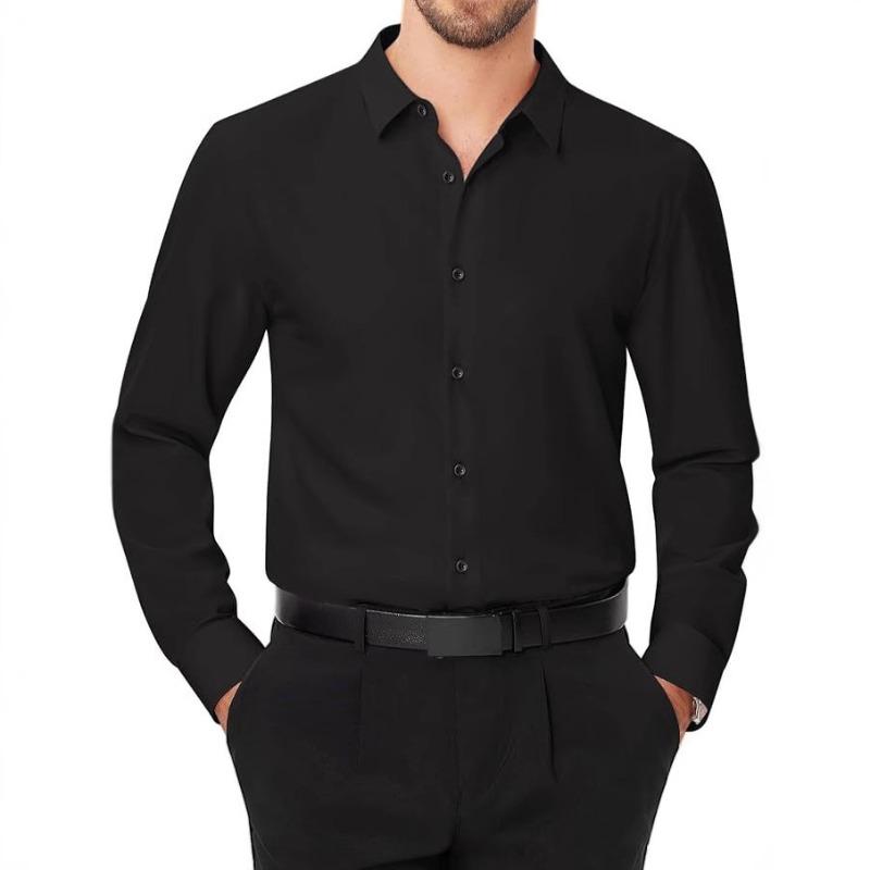 Men Solid Long Sleeve Dress Shirt with Black Buttons, 4-Way Stretch Wrinkle Free Business Formal Shirt, Cross-border Hot Selling Shirt