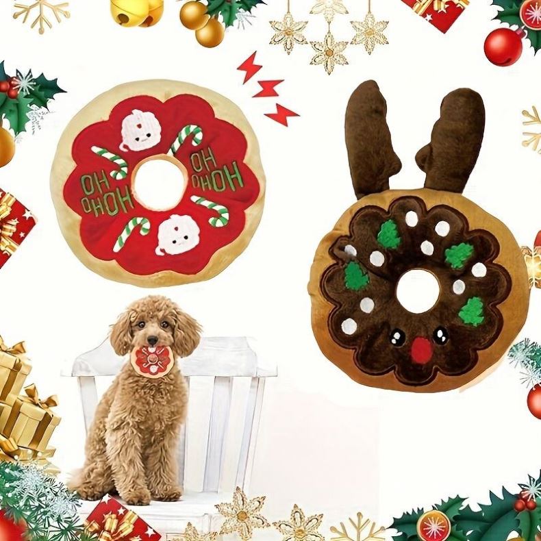 Christmas Medium Size Eco-Friendly Plush Pet Chew Toys Sound Making Cartoon Donuts Antlers & Cotton Dog Toys S