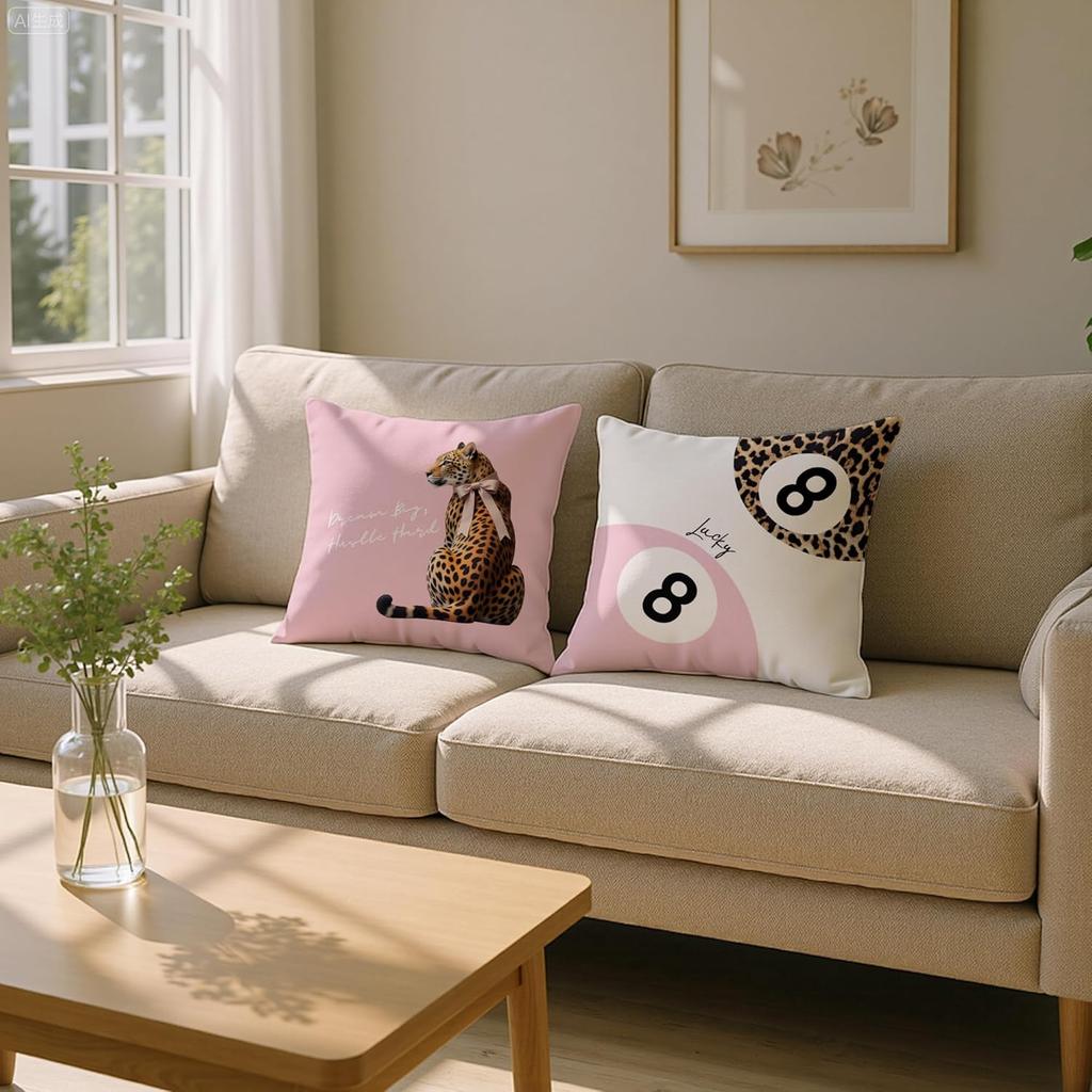 Trendy Funky Cheetah Pink Y2K Luck 8 Ball Pillow Covers 18x18 Set of 2,Pink Leopard Decorative Pillowcases,Cheetah Throw Pillow Covers for Couch Sofa