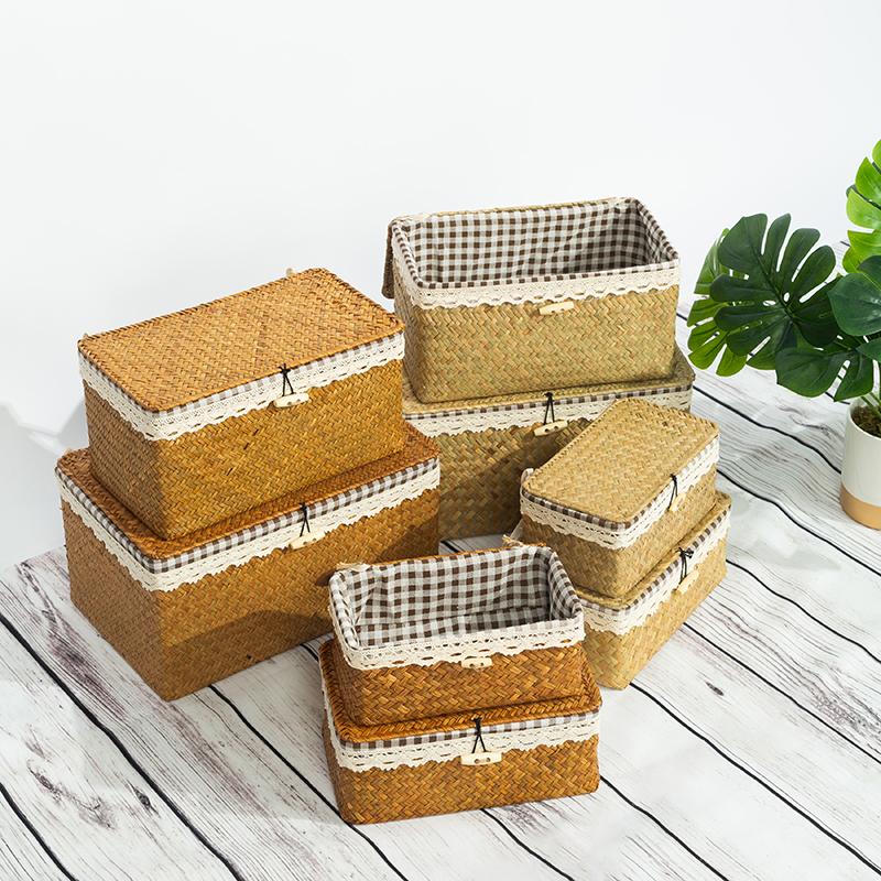 Wicker Basket with Lids Nautral Seagrass Storage Box Basket Woven Rectangular Bins Container Rattan Storage Organizer