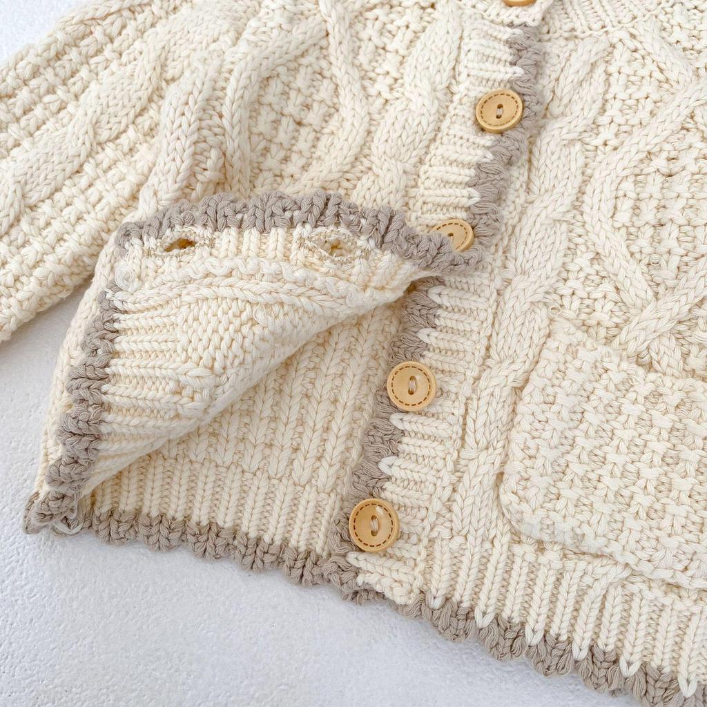 Baumwollstrickjacke mit Farbblock-Besatz für Babys und Kleinkinder – Unisex-Rundhalsausschnitt