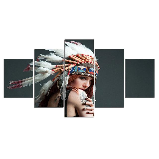 Unframed 5 Panel Native Indian Colored Feathers Girl Canvas HD Printed Posters Wall Art Pictures HD Paintings Room Home Decor