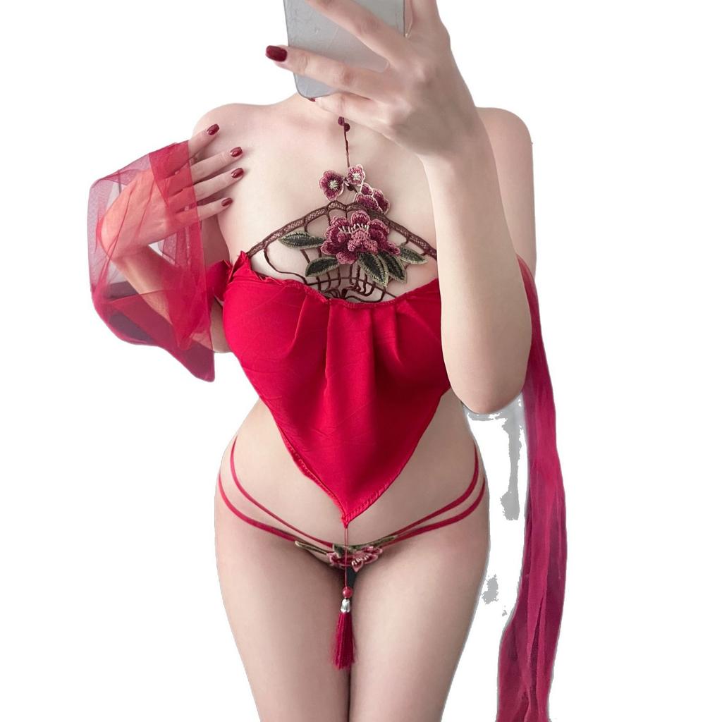 Fun Underwear Sexy Antique Peony Embroidery Neck Belly Pocket Strap Bandage Hollow Uniform Set