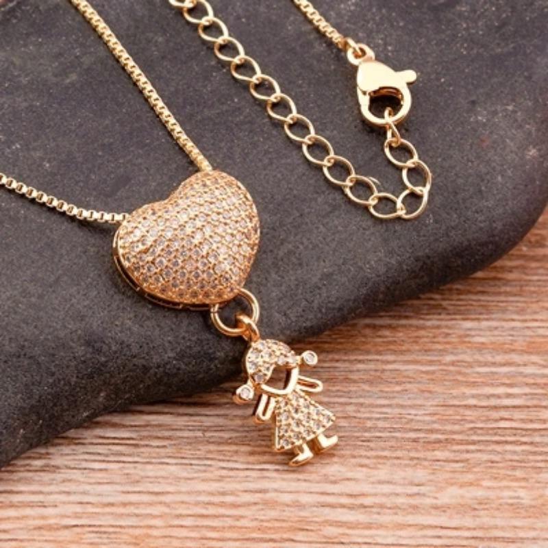 Nidin Fashion Son Daughter Heart Gold Color Family Girl Boy Pendant Necklace Jewelry For Mother Gift