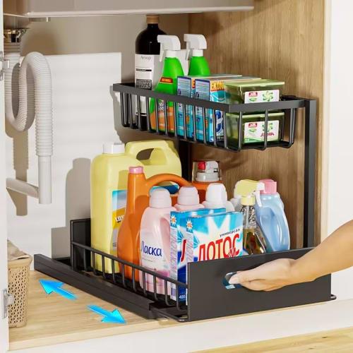 TATIU Under-Sink Storage, Sliding Storage Rack, 2-Tier Kitchen Storage Drawer, Under-Bathroom, Condiment Storage, L-Shaped, Metal, Large Capacity, Eas