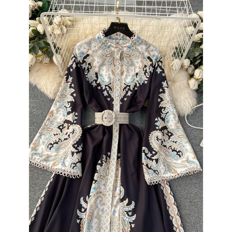 Elegance Retro Stand Collar Horn Long Sleeve Big Hem Dress