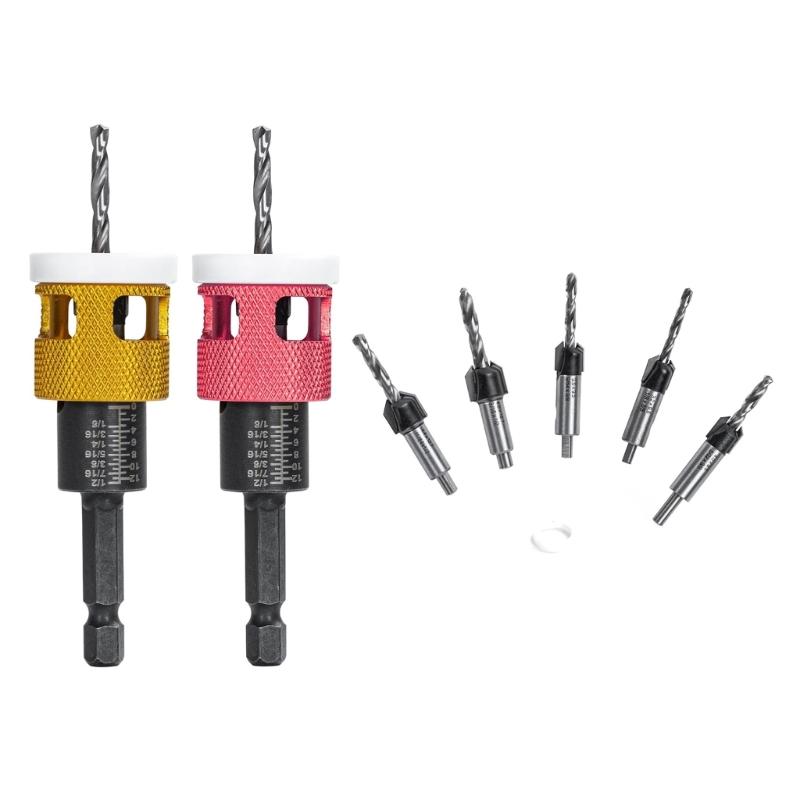 Pack of 5 Hex Shank Countersink Drill Bits with Adjustable Depth Stop Tapered Bits for DIY Projects and Professional Use