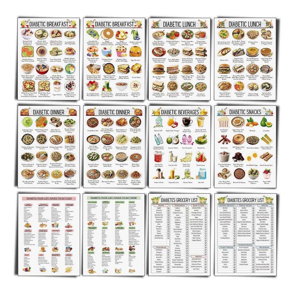 Diabetes Meal Planner Foot List Chart Set of 12 Dietary Reference Sheets for Diabetics Healthy Eating Habits 8x10Inch