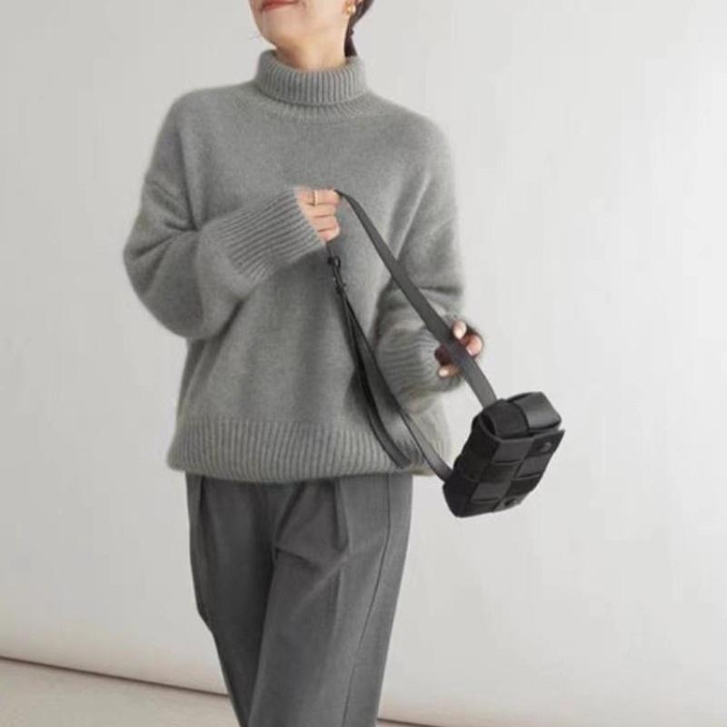 Autumn and Winter Thick Half High Collar Solid Women's Sweaters Elegant Vintage Loose Knitted Pullovers Sweater Ladies Casual Slim Base Jumpers 25560