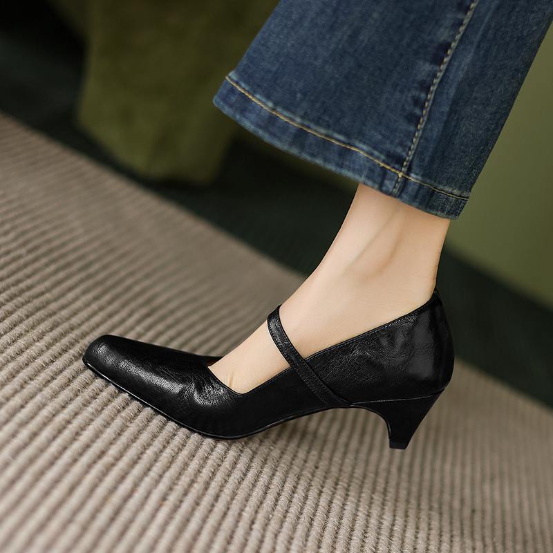 Krazing Pot Sheep Skin Summer Spring Autumn Winter Med Heels Women Round Toe Mary Janes Shallow Pumps