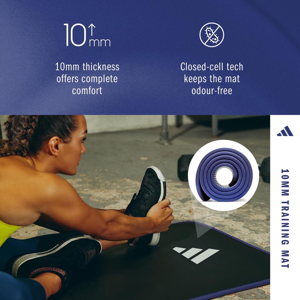adidas Training 10mm with Carry Mat/Yoga Mat, Thick, Wide, Durable, Non-Slip, Strap, ADMT-12235BL, Black/Blue