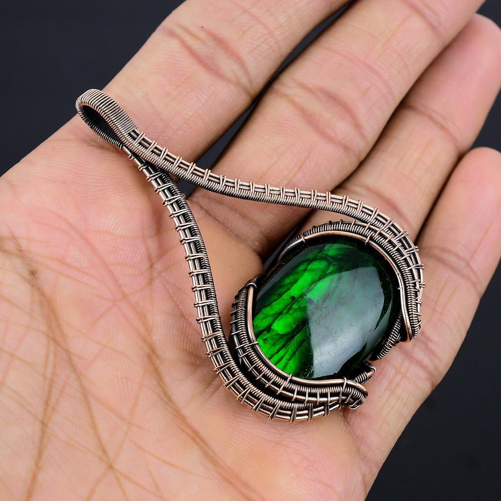 Green Flash Labradorite Handmade Gemstone Pendant, 999 Copper Wire Wrapped Pendant Antique Jewelry, For Wedding Gift