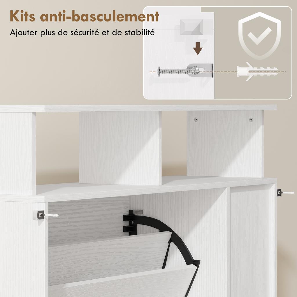 Shoe Cabinet, 2 Drop-Down Drawers, Open Compartments, Adjustable Shelf, White