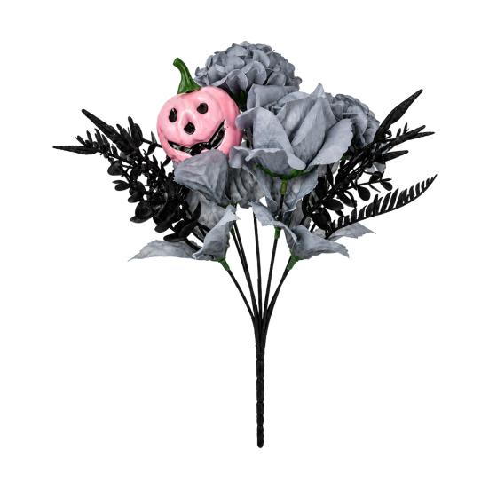 Decorative Silk Flowers for Showcases Halloween Artificial Flower Bouquet, Eucalyptus Floral Stems with Pumpkin Skull, Fake Reusable Dark Theme Party