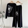 European Style Embroidered Knit Sweater & Loose Wide-Leg Pants Two-Piece Set for Women