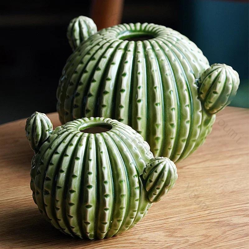 Creative Cactus Ceramic Vase Cute Household Desktop Decoration High End Green Flowers Arrangement Vase Living Room Decoration