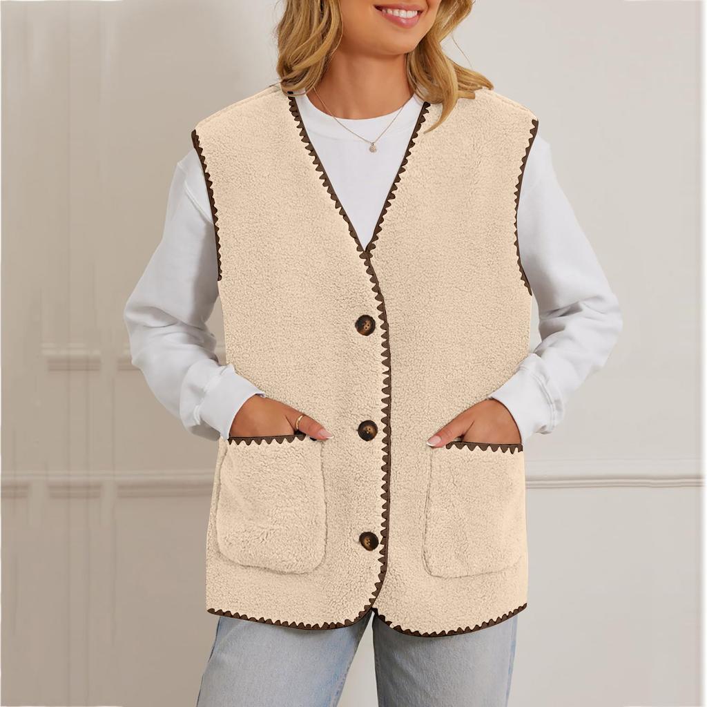 Women's V Neck Sleeveless Vest Loose Fit Casual Sherpa Waistcoat Single Button Fleece Gilet Winter Warm Layering Outerwear