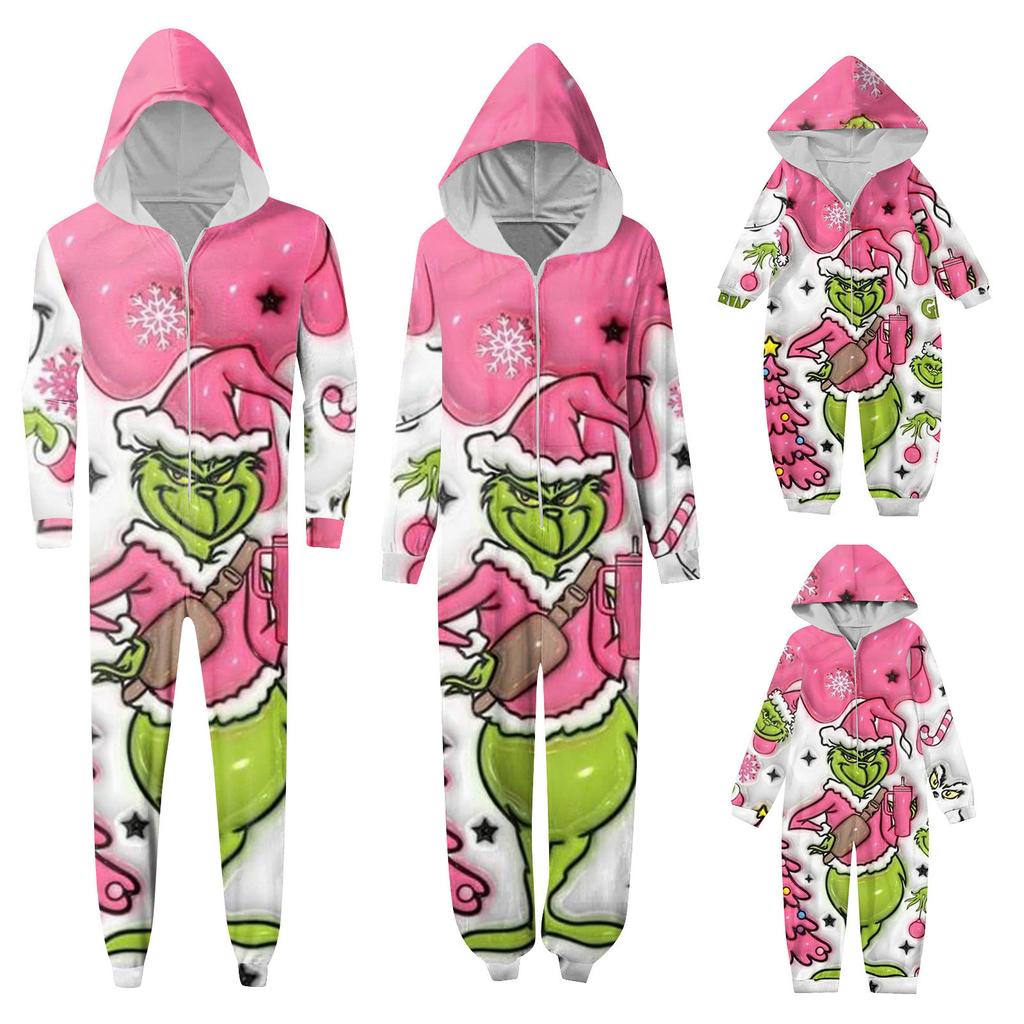 Parent-Christmas Printed Parent-Child Hooded Zip One-piece Homewear