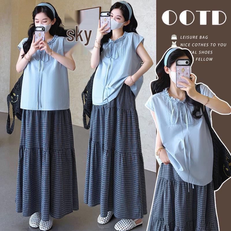 2026 Summer Casual Maternity Two-Piece: Loose Belly Shirt + Plaid Skirt M