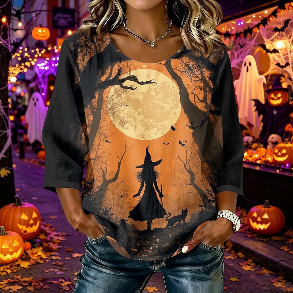 Women's Casual Halloween Print Round Neck Three Quarter Sleeve Linen Cotton Blend Top Comfortable Loose Fit Autumn Shirt